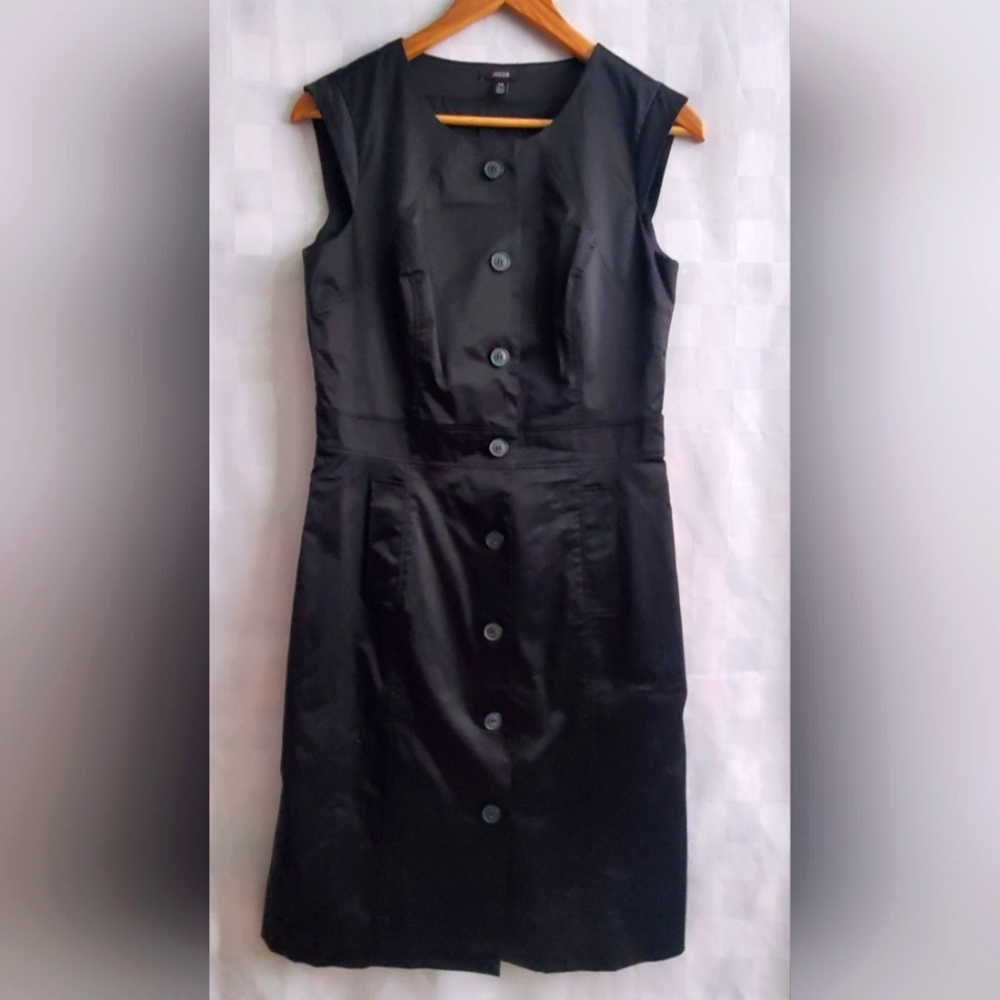 JACOB Black Button Down Midi Dress Pencil Fitted Cap Sleeves Office Siren Size 8